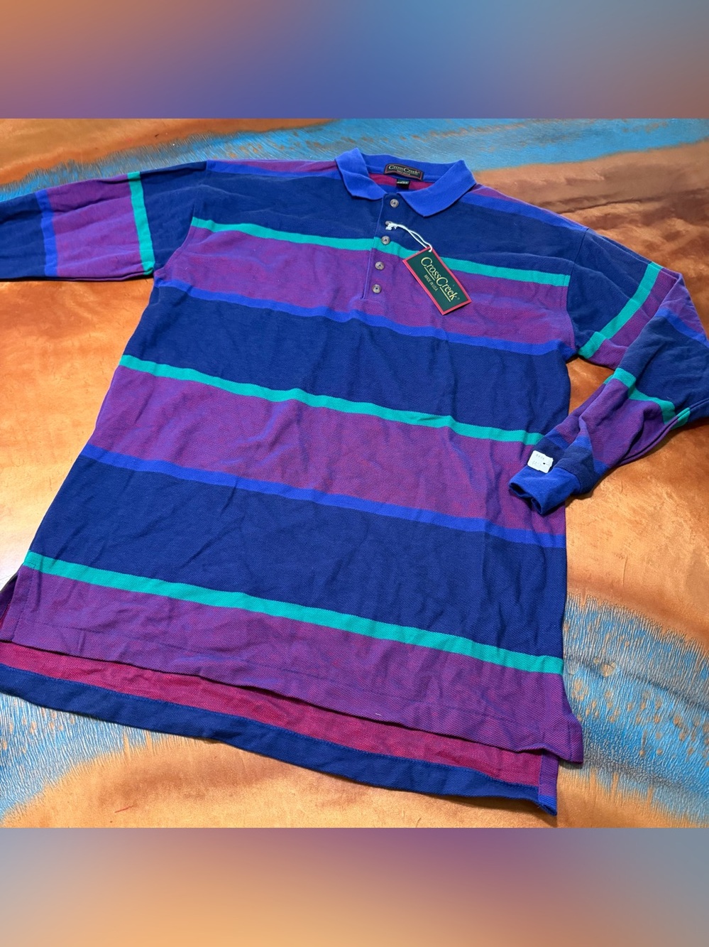 VTG 90s Cross Creek Long Sleeve Striped Polo Shirt Made In USA Deadstock Large